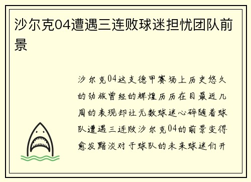 沙尔克04遭遇三连败球迷担忧团队前景