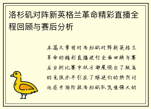 洛杉矶对阵新英格兰革命精彩直播全程回顾与赛后分析