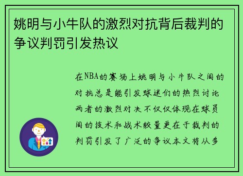 姚明与小牛队的激烈对抗背后裁判的争议判罚引发热议