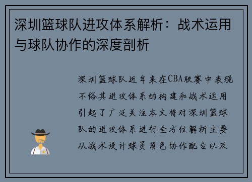 深圳篮球队进攻体系解析：战术运用与球队协作的深度剖析